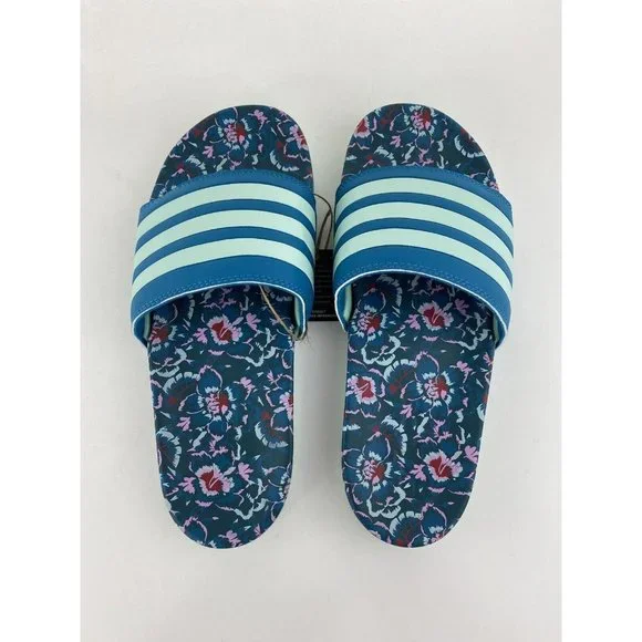 Adidas Adilette Comfort Blue Floral Women's Slides Teal Uncommon Colorway - Picture 5 of 10